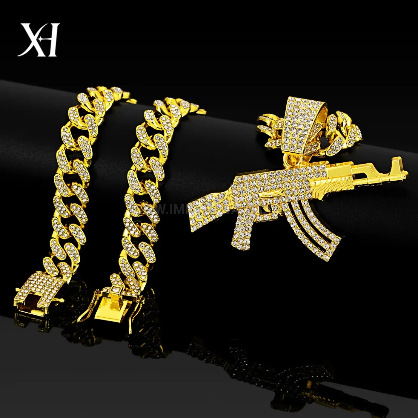 Rhinestone AK47 Rifle Pendant Hip Hop Cuban Chain Necklace