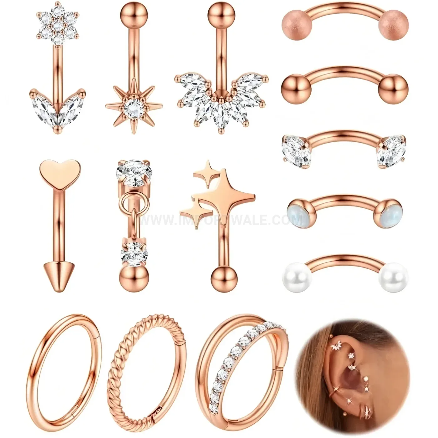 Trendy Stainless Steel Rhinestone Multi Element Body Piercing Stud Set