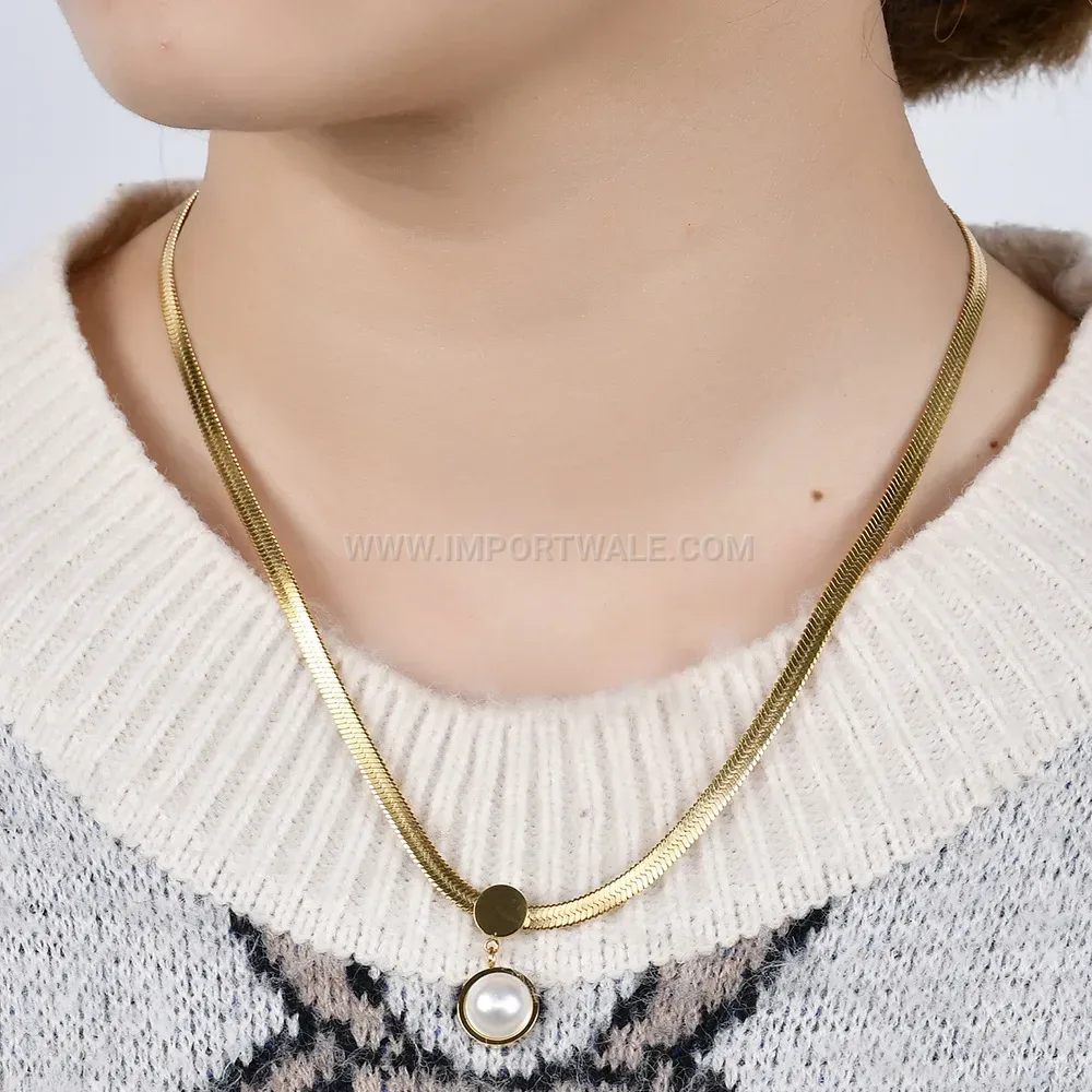 Flat Snake Chain Faux Pearl Stainless Steel Choker Necklace