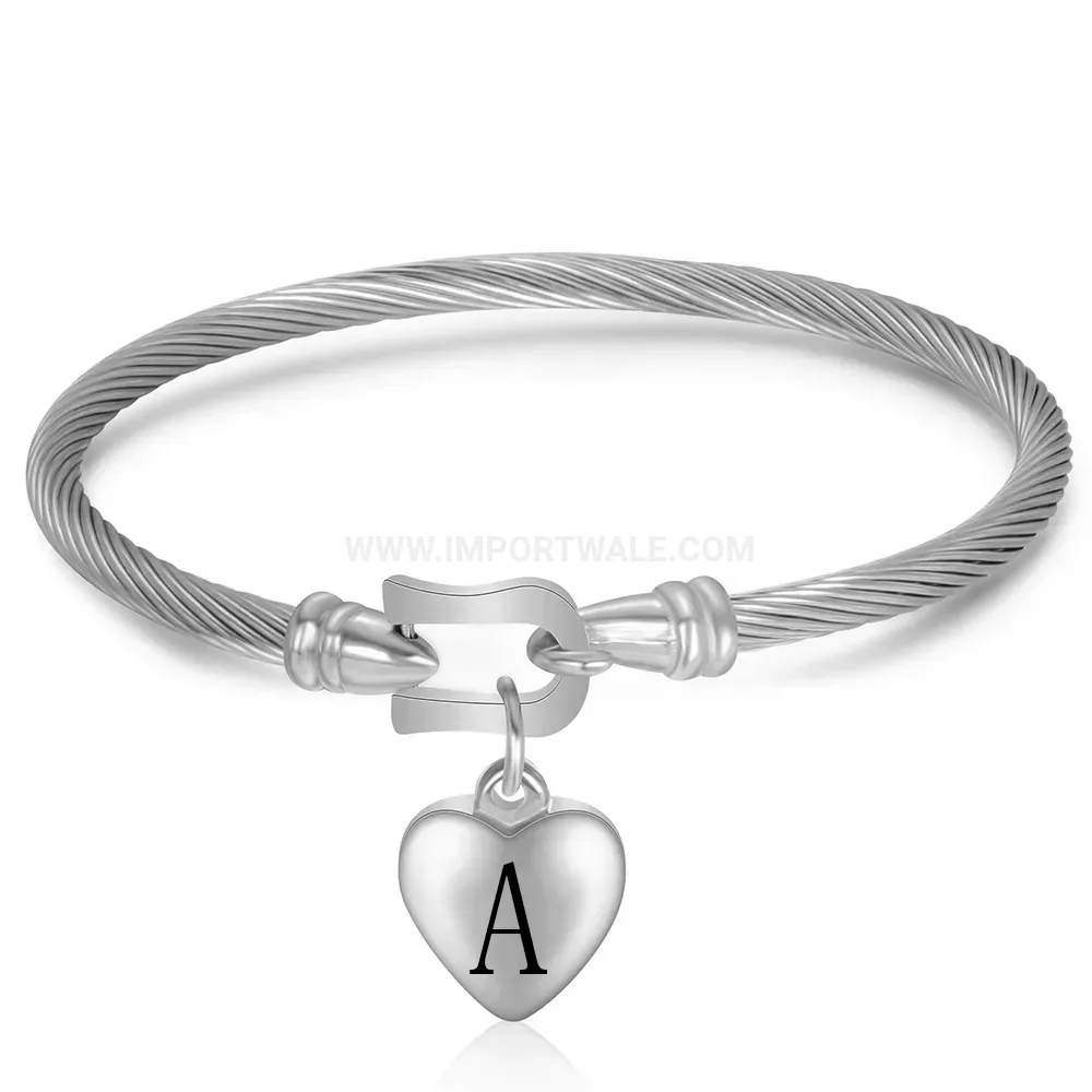 Elegant Horseshoe Heart Initial Stainless Steel Bangle Bracelet