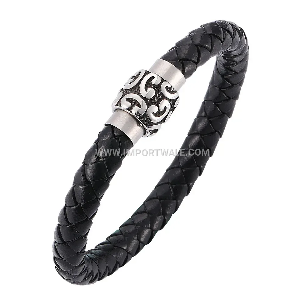 Single Strand Leather Bracelet with Engraved Totem Magnetic Clasp