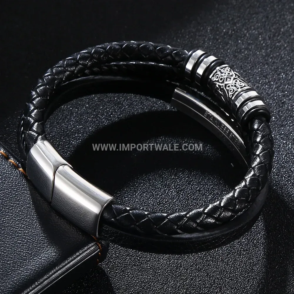 Braided Black Leather Men Bracelet with Stainless Steel
