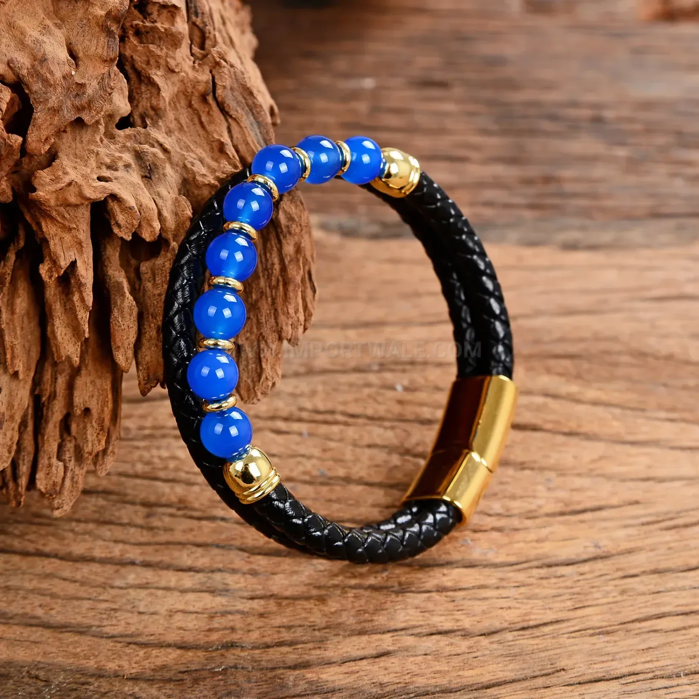 Double Layer Braided Leather Stone Bead Bracelet with Stainless Steel Clasp