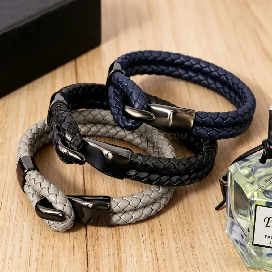 Trendy Handcrafted Braided PU Leather Cord Bracelet with Alloy Magnetic Clasp