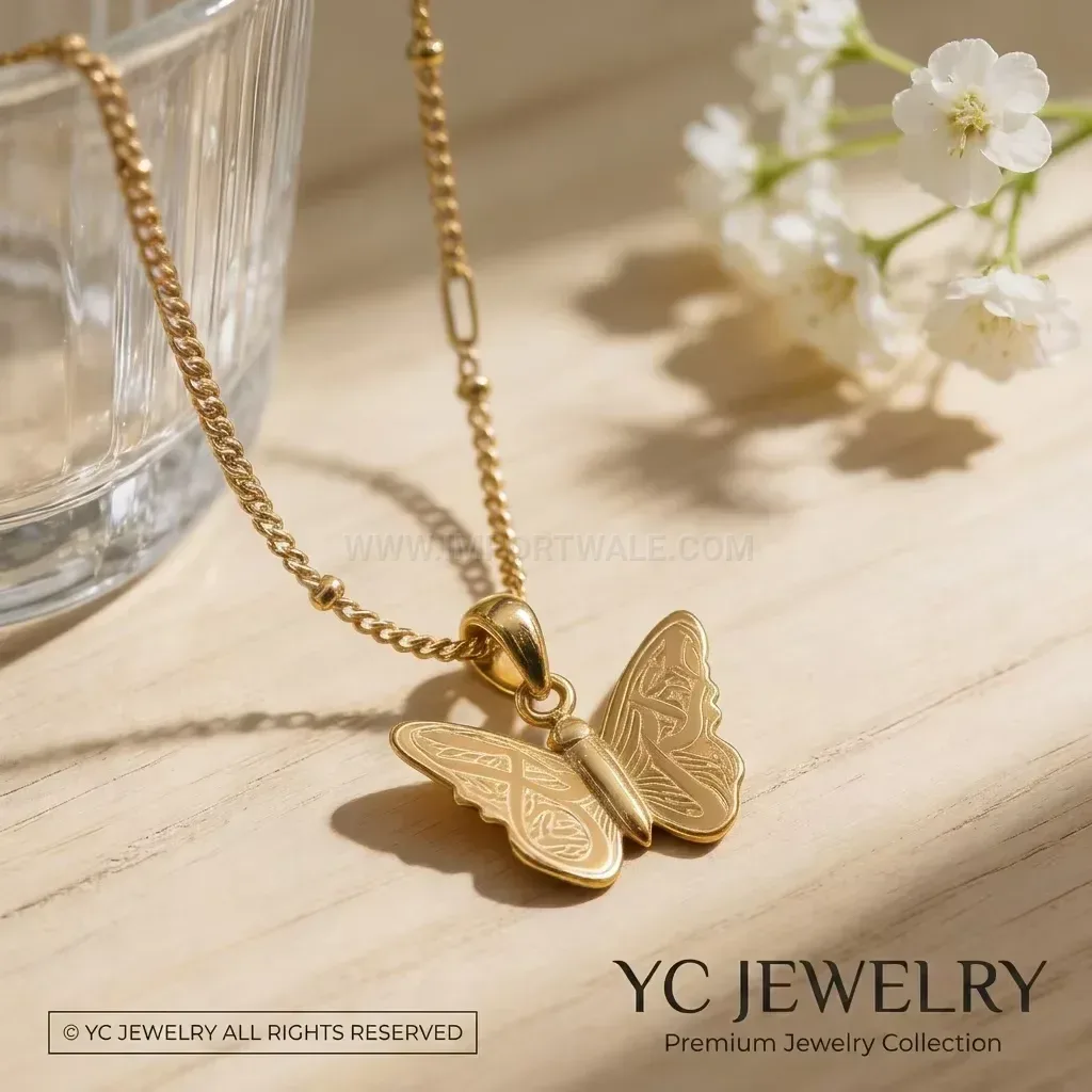 Gold Plated Butterfly Arabic Calligraphy Stainless Steel Necklace