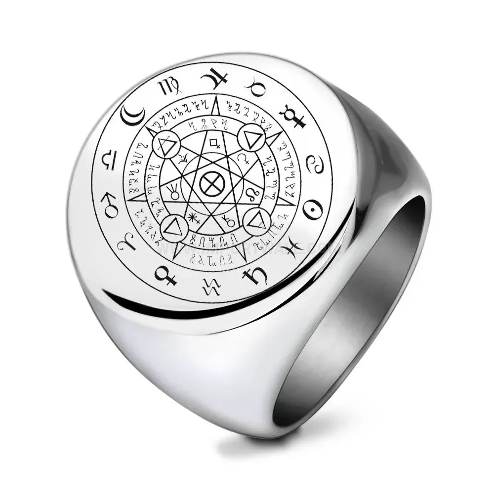 Elegant Engraved Zodiac Round Face Stainless Steel Band Ring