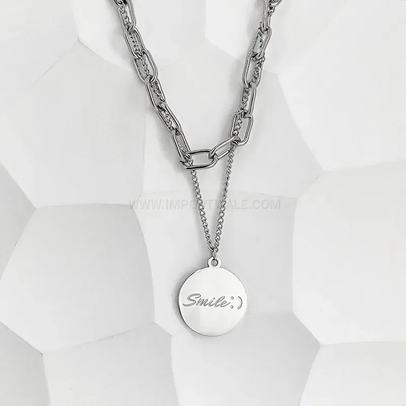 Trendy Multi Layer Titanium Steel Double Smile Round Tag Pendant Necklace