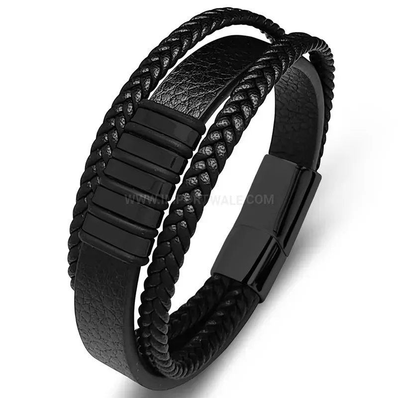 Fashion Woven Leather Wrap Bracelet with Plated Metallic Accent