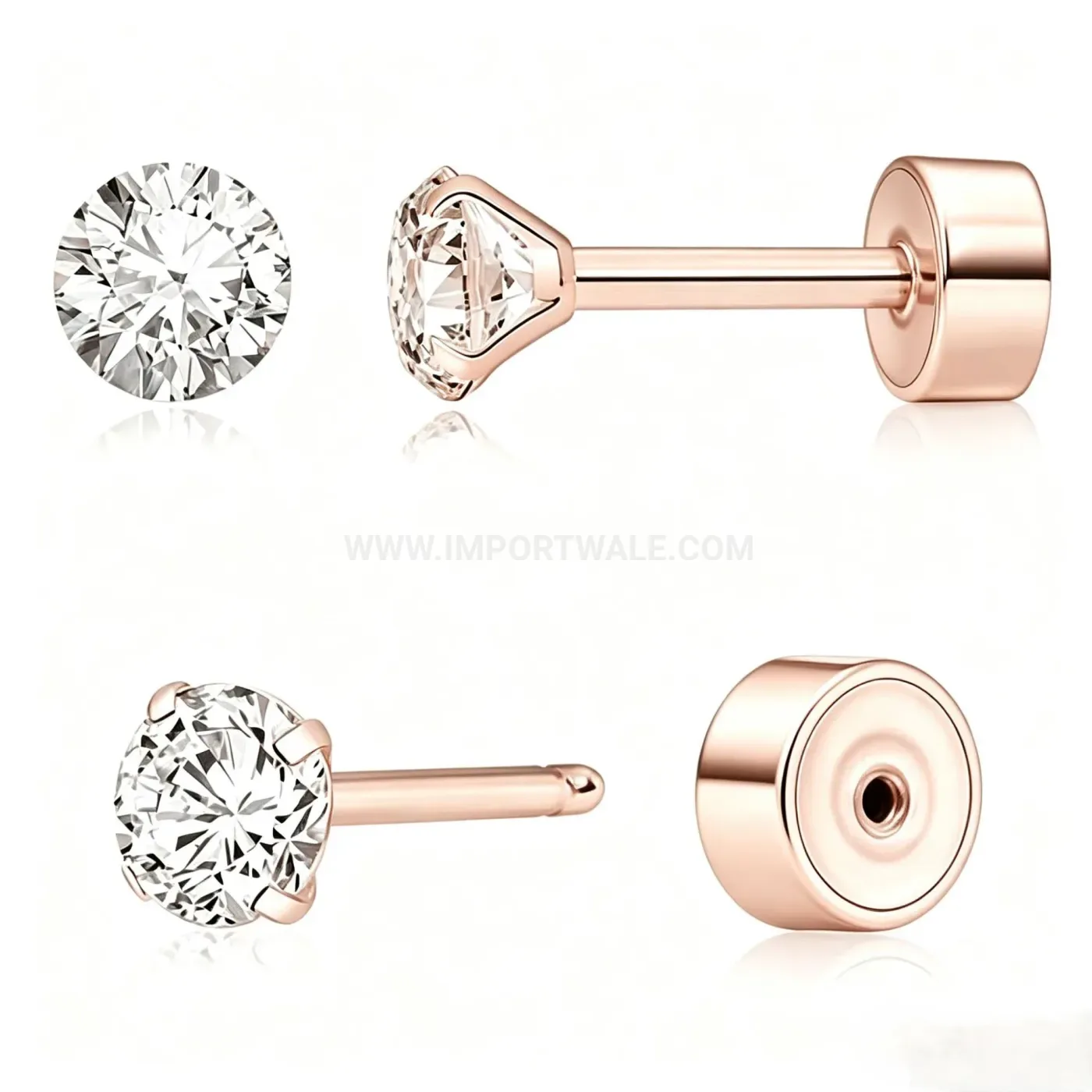 Trendy Four-Prong Zirconia Flat Back Stainless Steel Piercing Stud Earring
