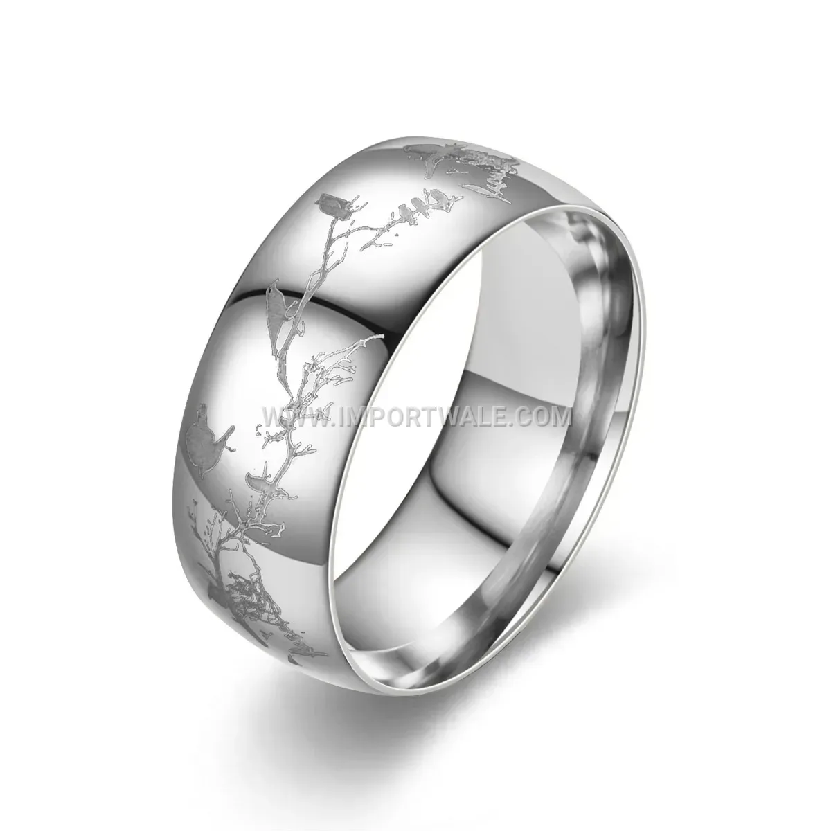 Stainless Steel Laser Engraved Bird Branch Band Ring