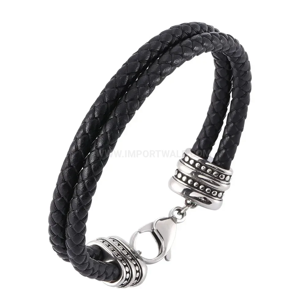 Hand-Braided Leather and Stainless Steel Geometric Cuff Bracelet