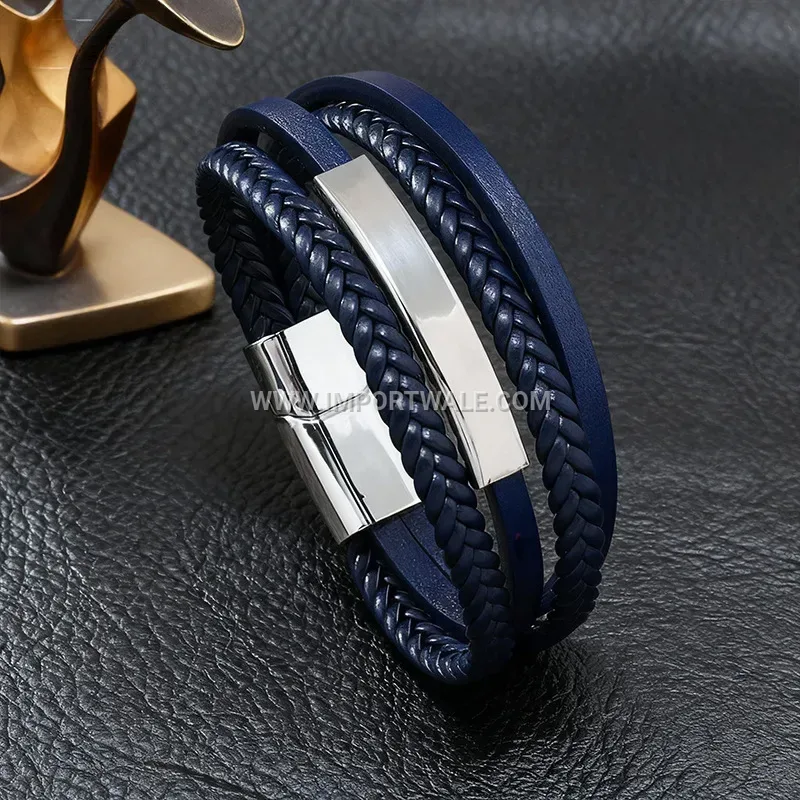 Sleek Engravable Leather Coded Wristband Metallic Buckle Bracelet