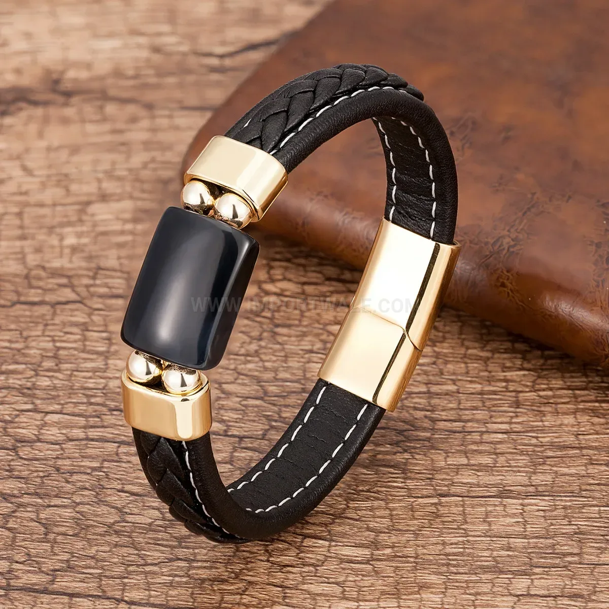 Geometric Stone Leather Woven Bracelet with Magnetic Clasp