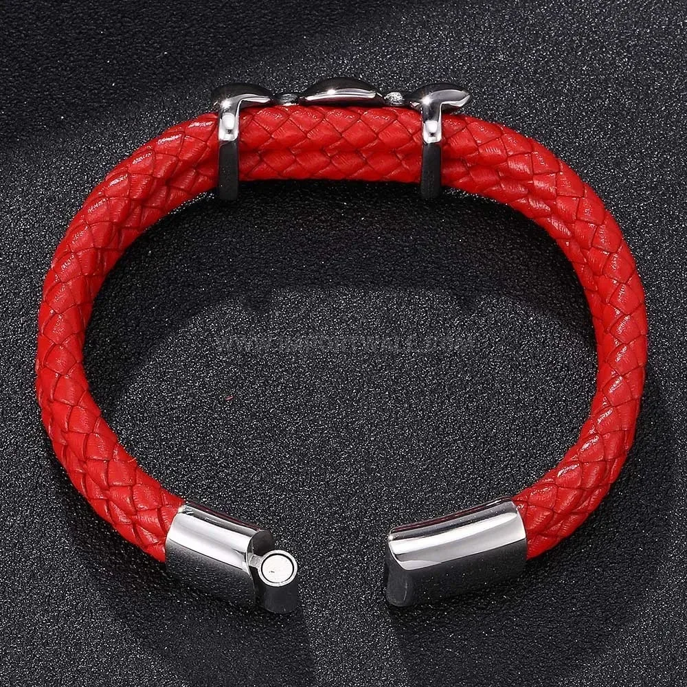 Woven Leather Magnetic Clasp Bracelet with Stainless Steel Detail