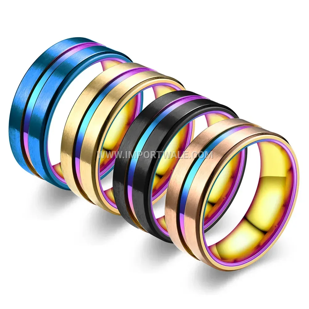 Stainless Steel Beveled Grooved Band Ring with Colorful Inlay