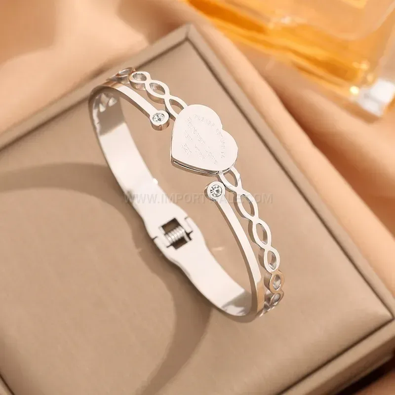 Bold Titanium Steel Heart Engraved Open Bangle Bracelet