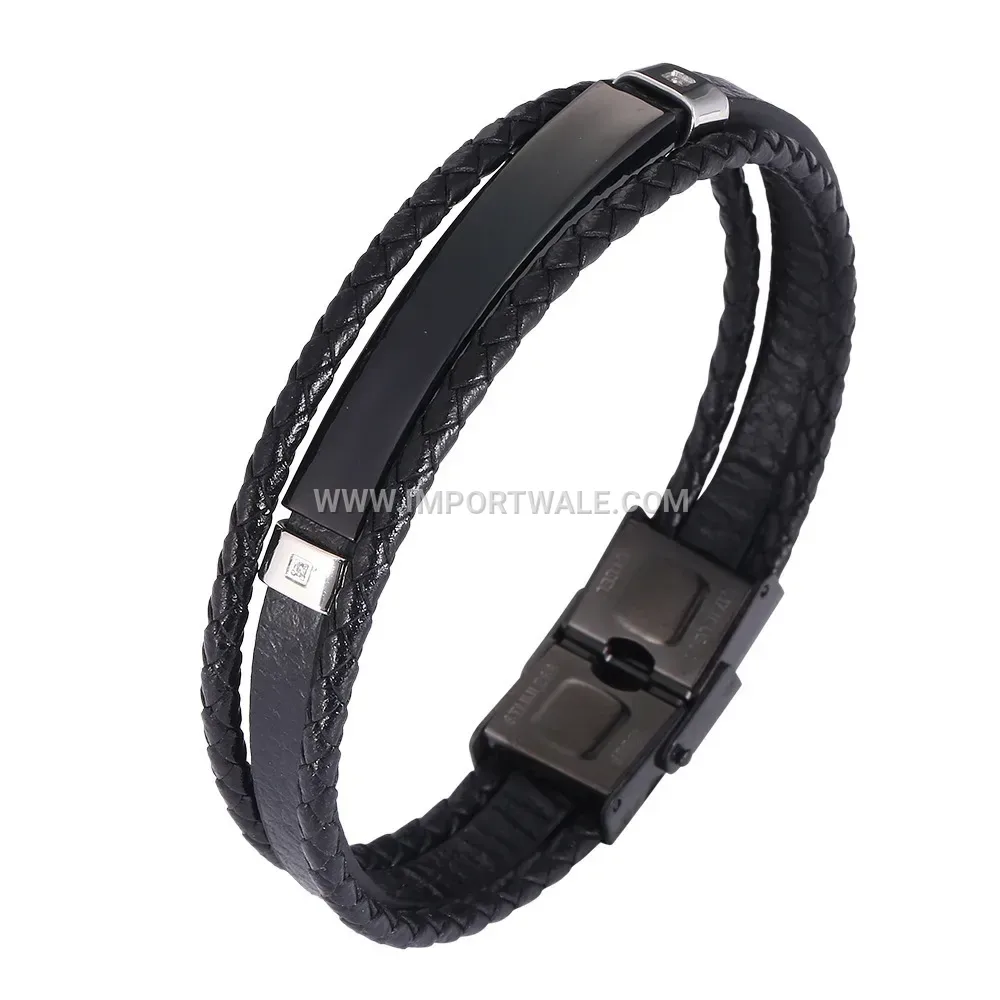 Inlaid Gemstone Multi Strand Braided Leather Stainless Steel Bracelet