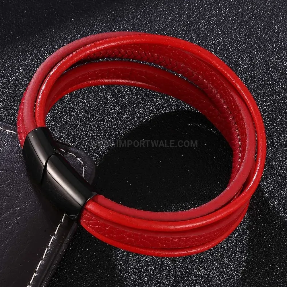 Red Woven Leather Bracelet with Stainless Steel Magnetic Clasp