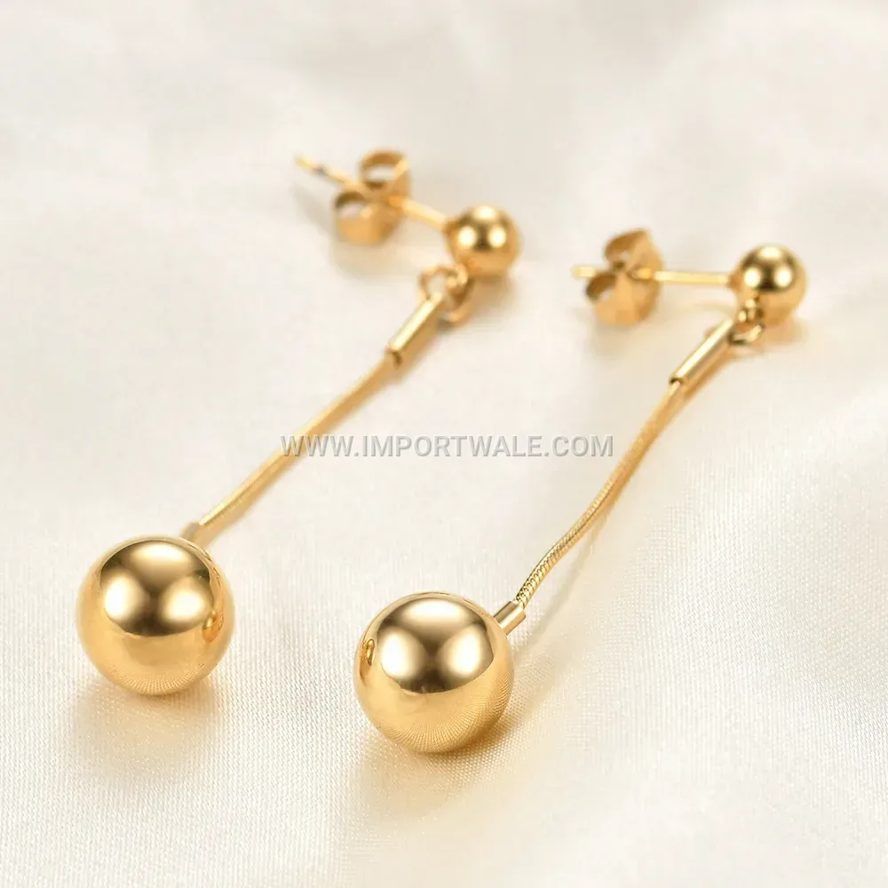 Sleek Stainless Steel Ball Drop Earrings with Gold Finish