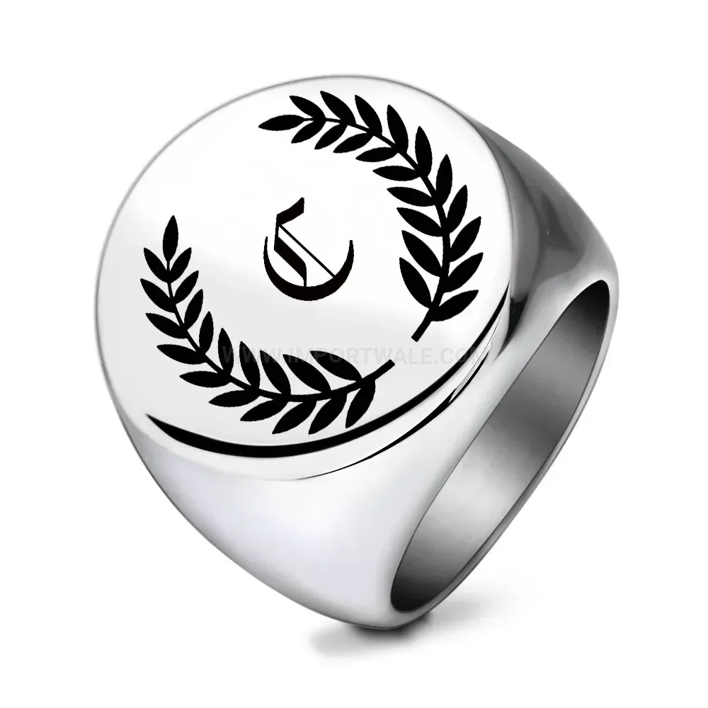 Stylish Engraved Alphabet Leaf Stainless Steel Signet Ring
