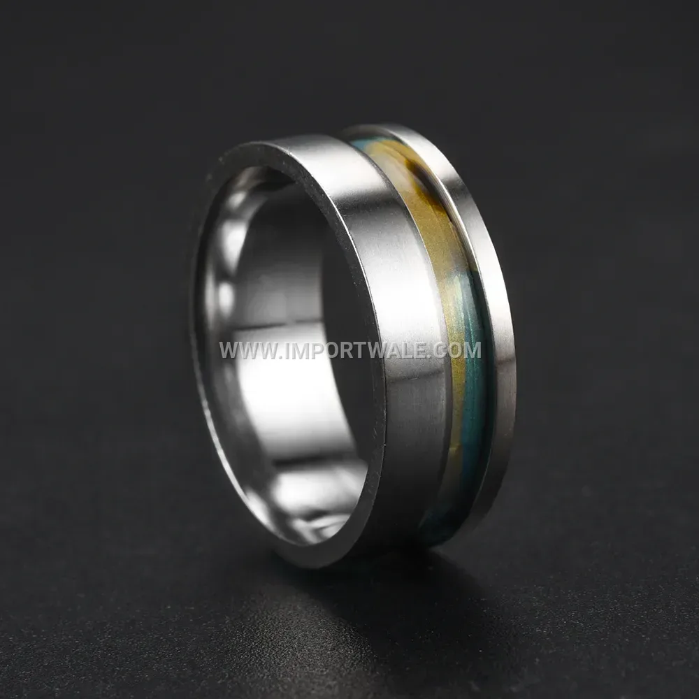 Stainless Steel Grooved Inlay Ring with Iridescent Shell Motif