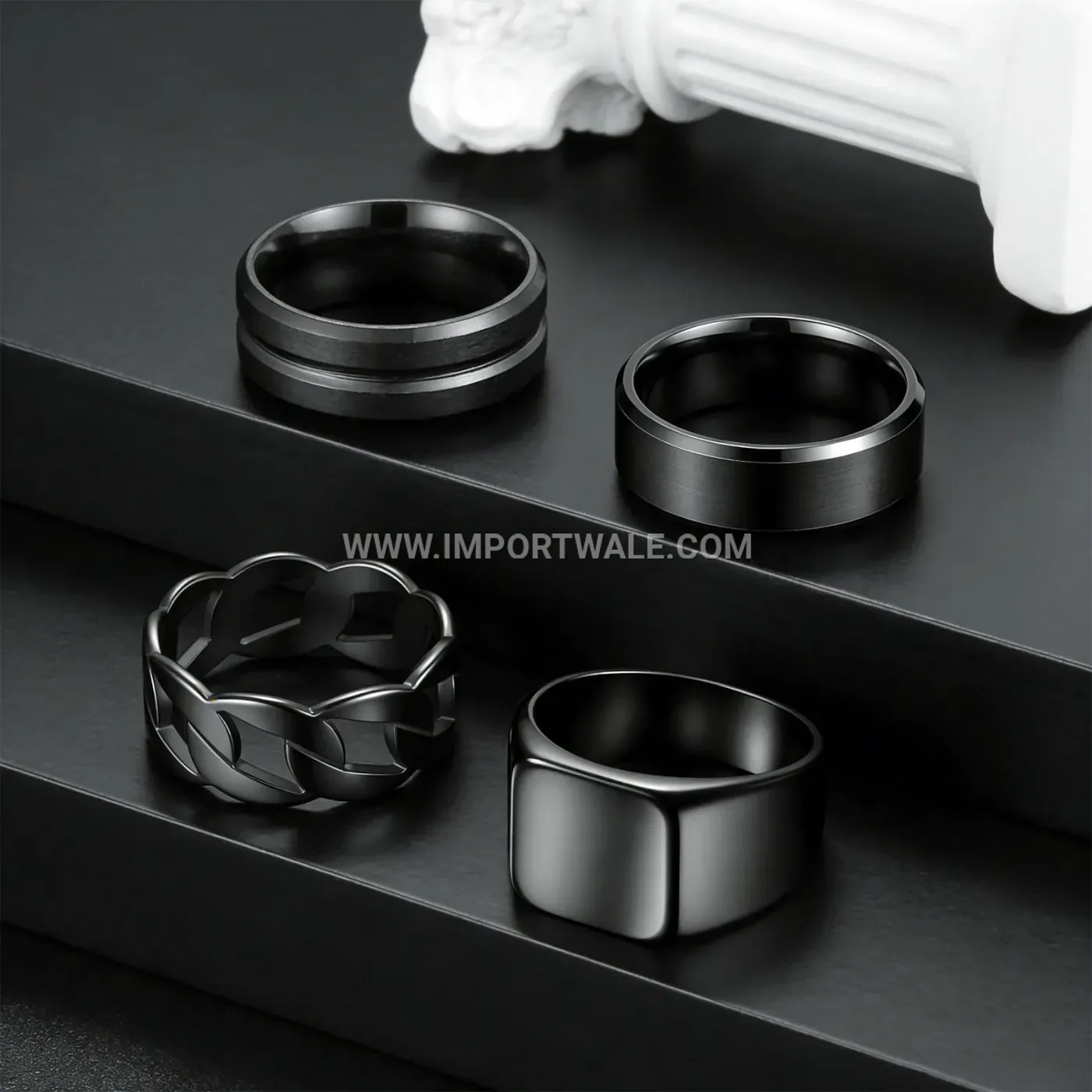 Men Black Stainless Steel Signet Ring Set
