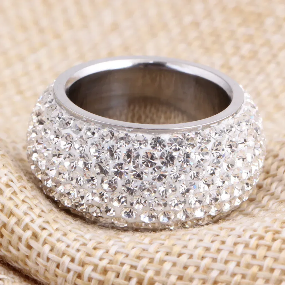 Wide Band Crystal Inlaid Stainless Steel Ring