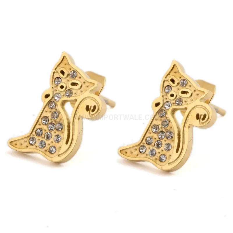 Designer Rhinestone Accent Stainless Steel Cat Stud Earrings