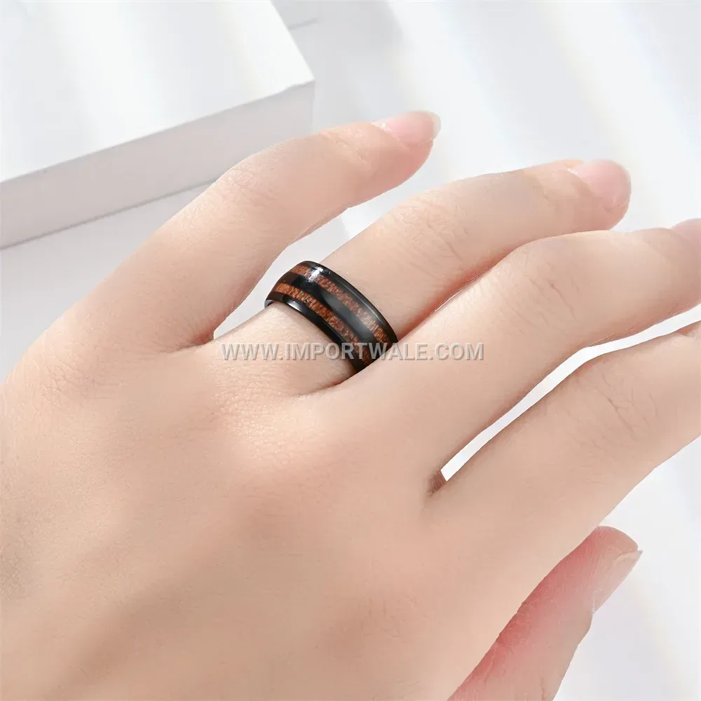 Enamel Inlaid Double Row Wood Grain Stainless Steel Ring