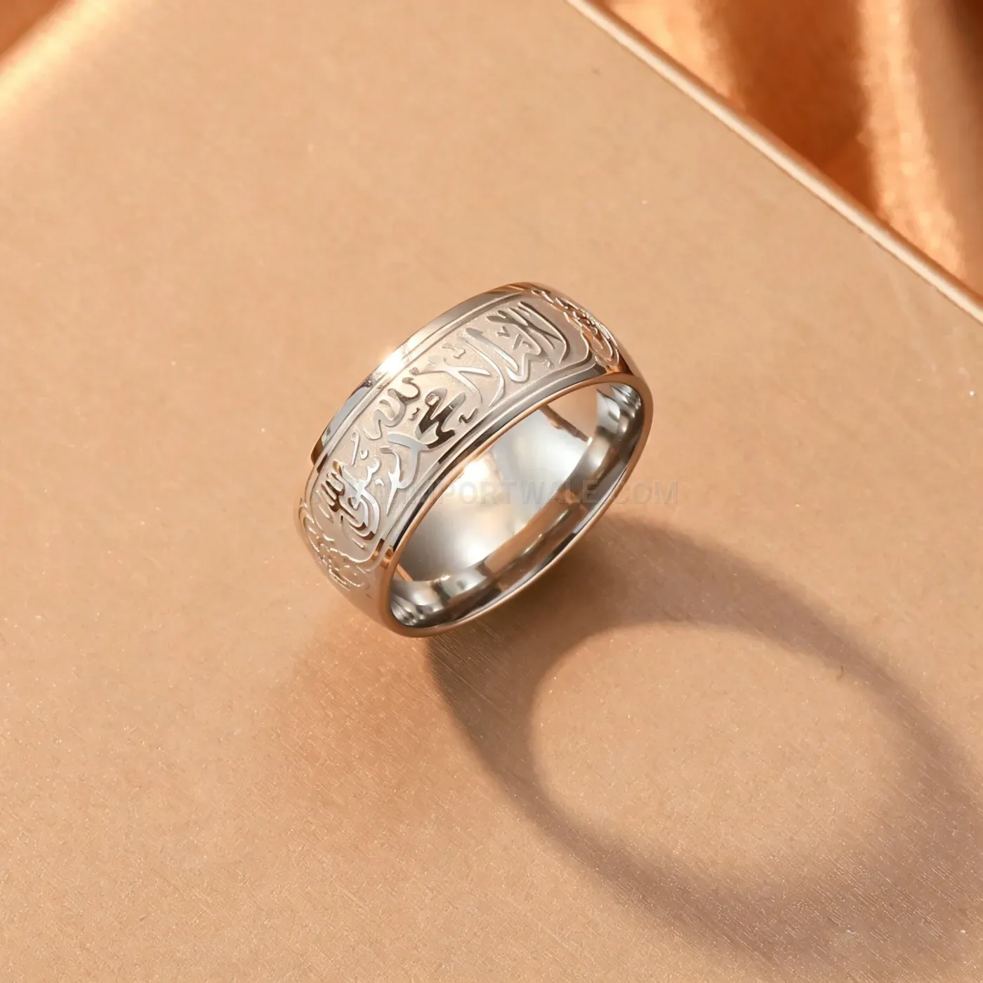Bold Engraved Arabic Calligraphy Stainless Steel Band Ring with Scripture Detail