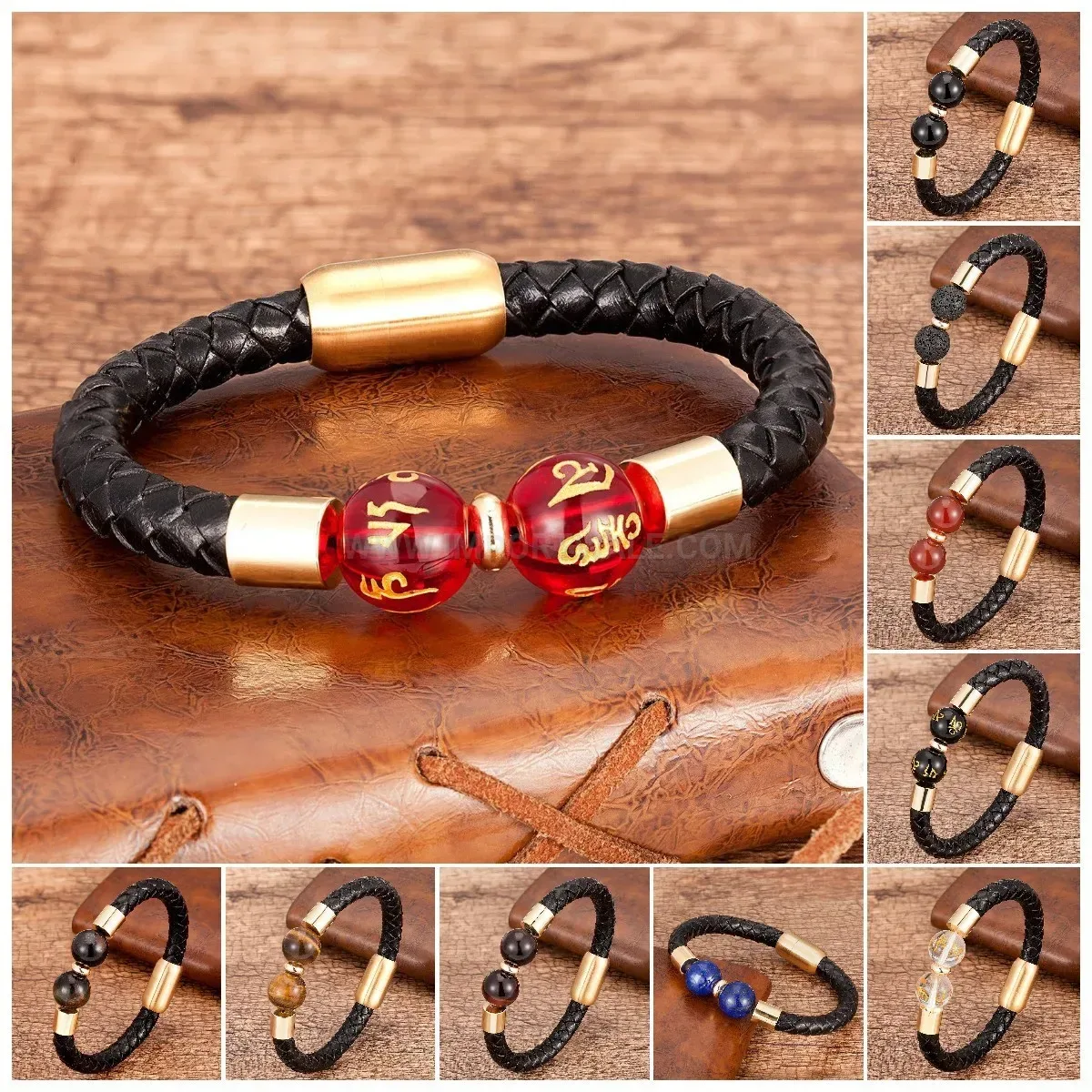 Classic Leather Cord Stone Bracelet with Stainless Steel Hardware