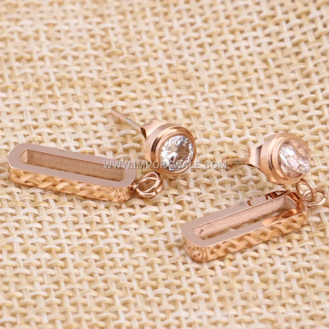 Hollow Rectangular Stainless Steel Stud Earrings with Zirconia