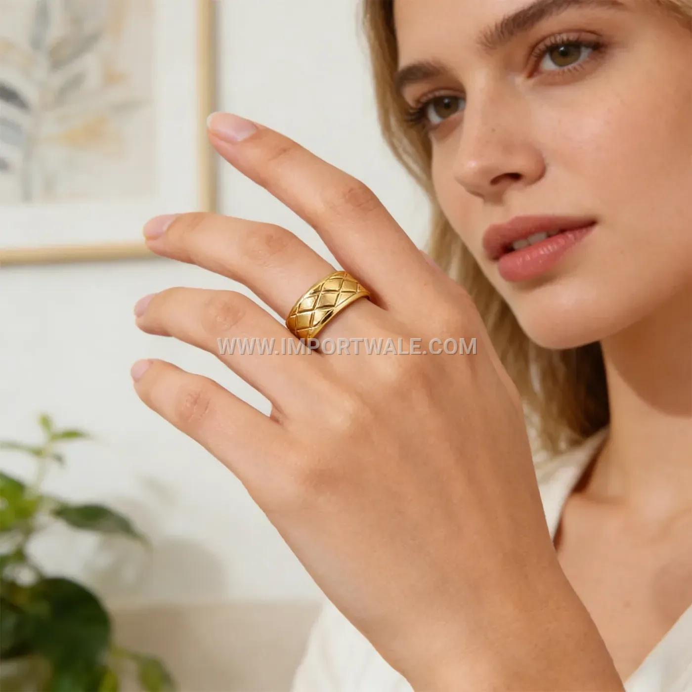 Engraved Lattice Pattern Stainless Steel Band Ring
