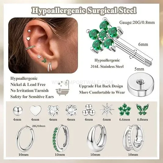 Fashion Stainless Steel Leaf Motif Cartilage Piercing Stud Set