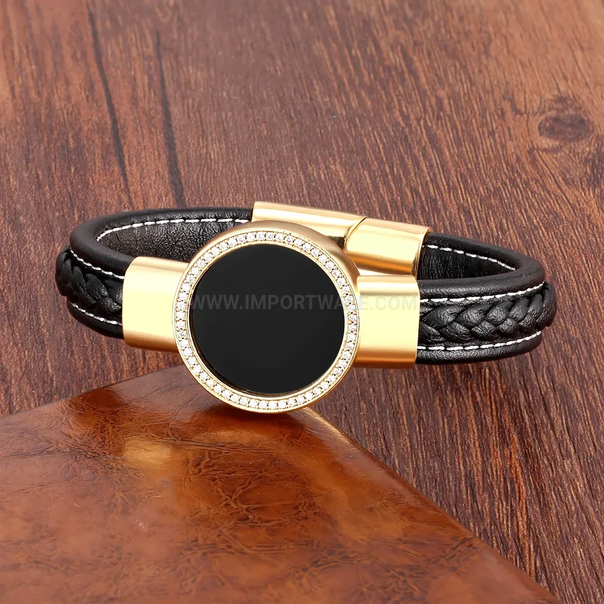 Braided Leather Stone Bracelet with Zircon Inlay and Stainless Clasp