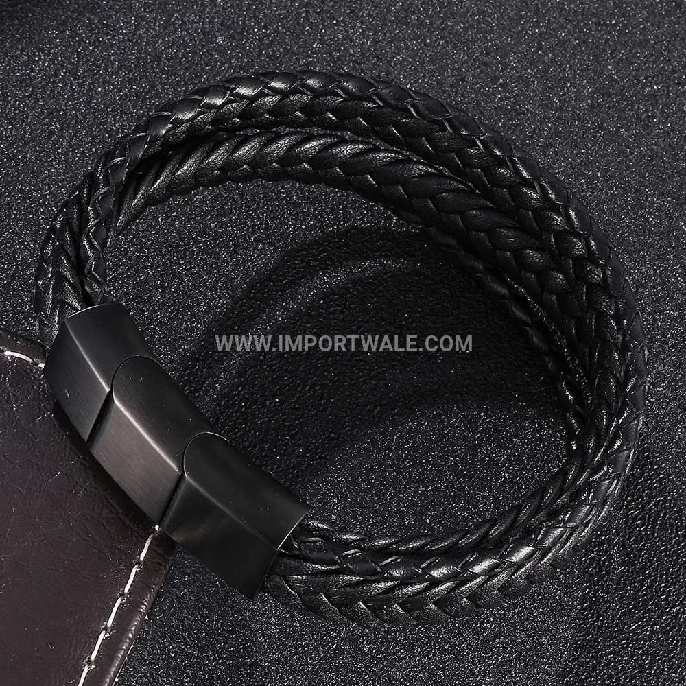 Handmade Woven Leather Bracelet with Stainless Steel Magnetic Clasp