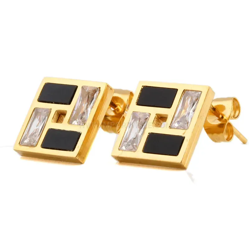 Fashion Checkerboard Square Epoxy Resin Zircon Stainless Steel Stud Earrings