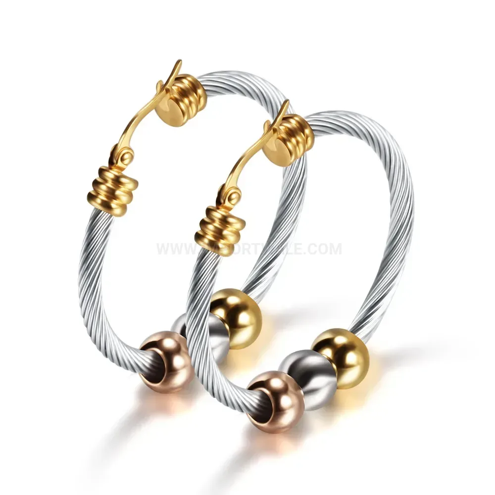Designer Tri Tone Beaded Stainless Steel Cable Hoop Earrings