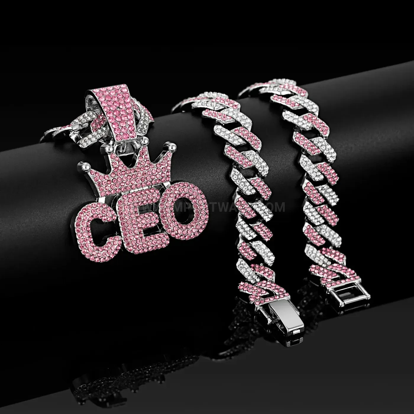 Stylish Rhinestone Crown CEO Letter Cuban Chain Pendant Necklace