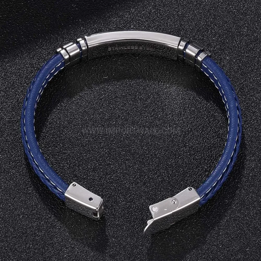 Woven Blue Leather Stainless Steel Star Bracelet for Men