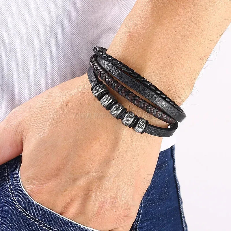 Multi-Layer Braided Microfiber Leather Bracelet with Stainless Steel