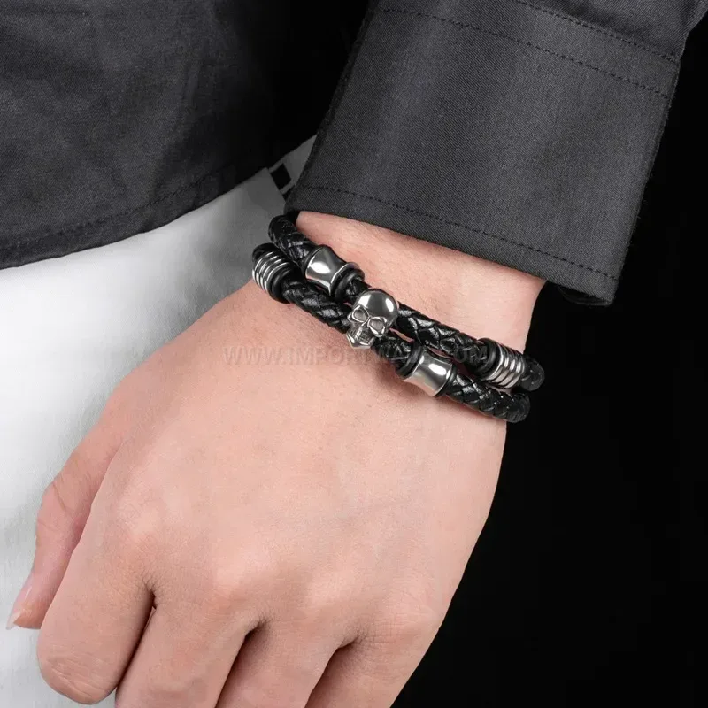 Elegant Handcrafted Double Layer Leather Skull Bracelet in Stainless Steel