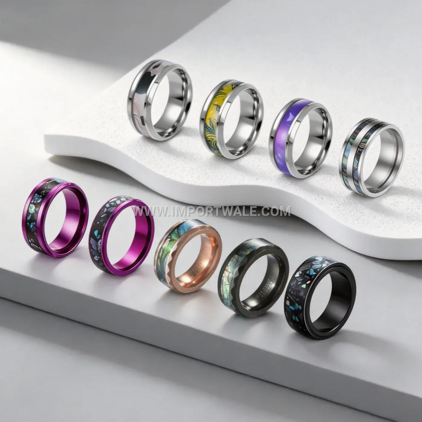 Trendy Stainless Steel Ring with Faux Opal and Abalone Shell Inlay