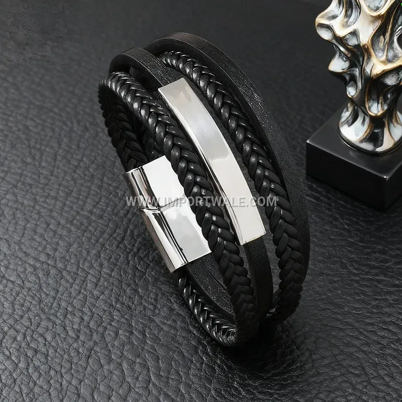 Sleek Engravable Leather Coded Wristband Metallic Buckle Bracelet