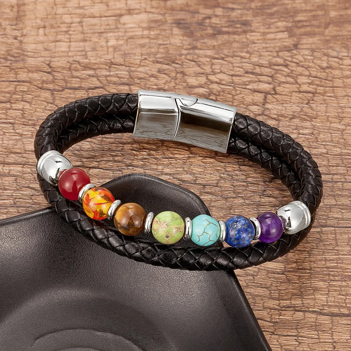 Braided Leather Stone Bead Stainless Steel Bracelet
