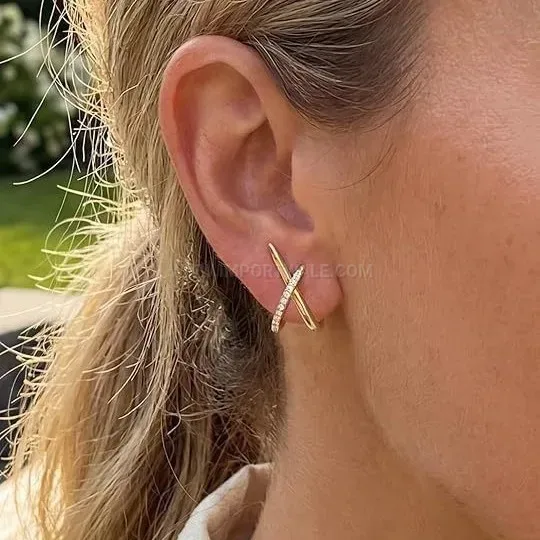 Elegant Crossed Cubic Zirconia Stainless Steel Geometric Piercing Earrings