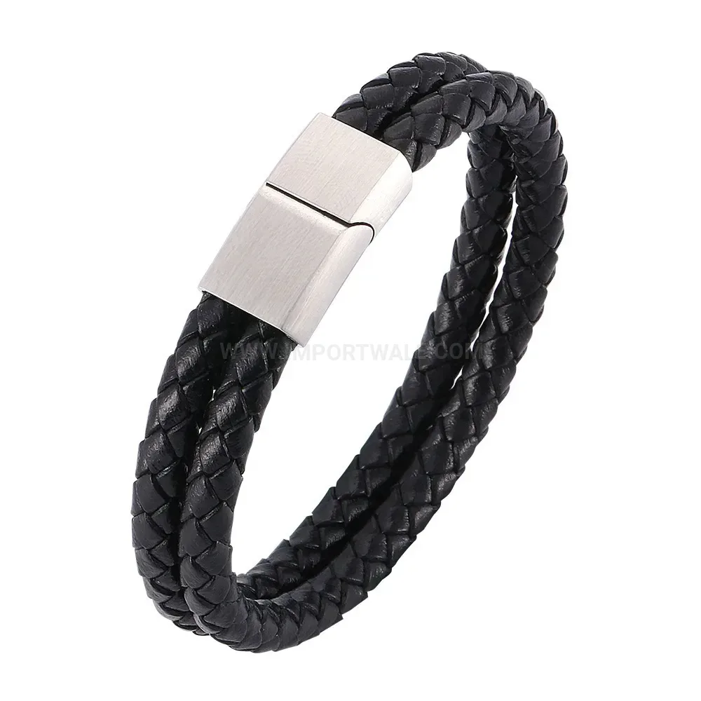 Retro Braided Leather Wristband with Stainless Steel Clasp