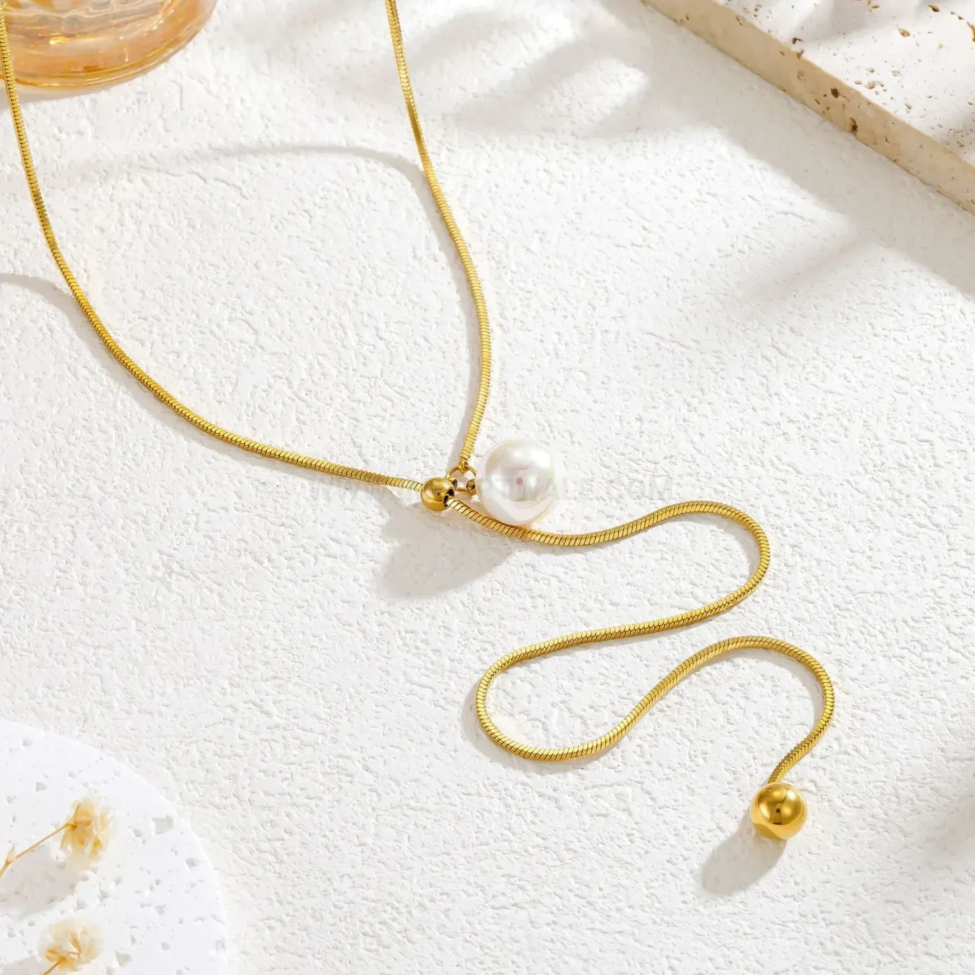 Stylish Adjustable Pearl Accent Stainless Steel Long Necklace