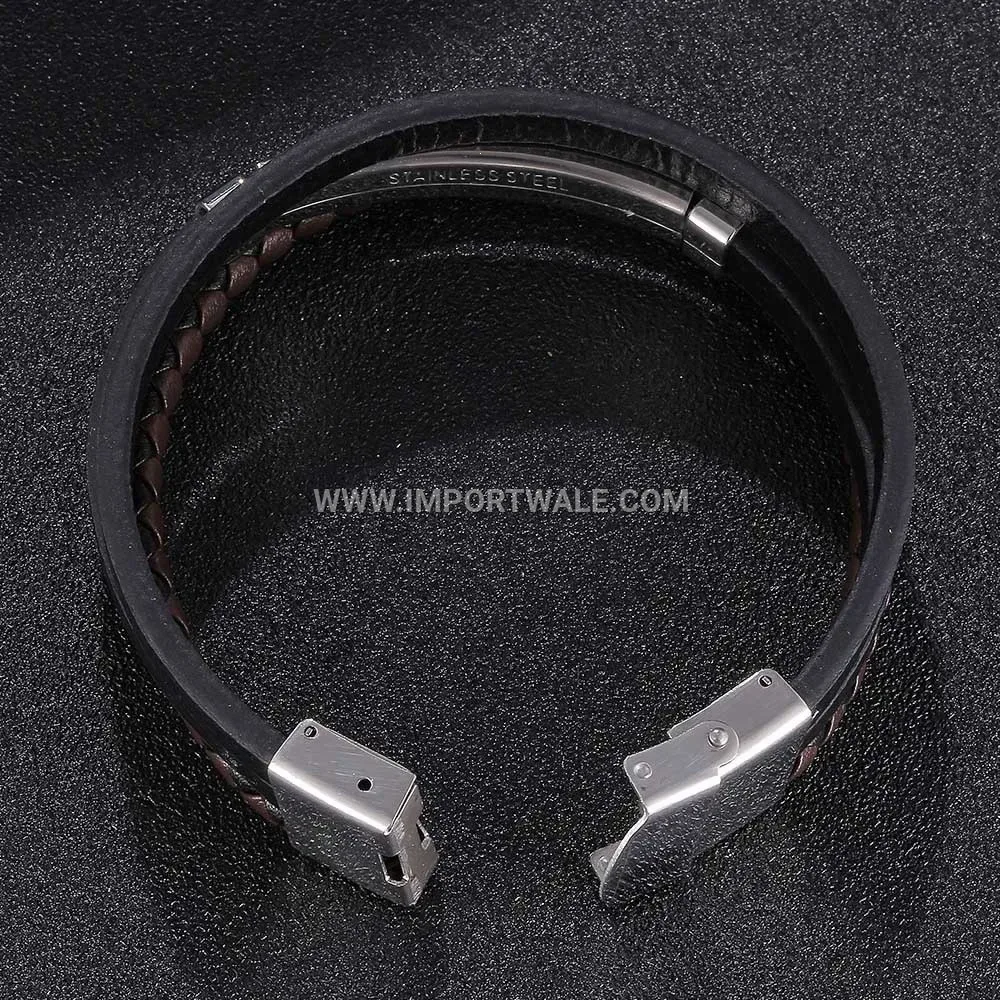 Triple Ring Woven Leather Stainless Steel Men Bracelet
