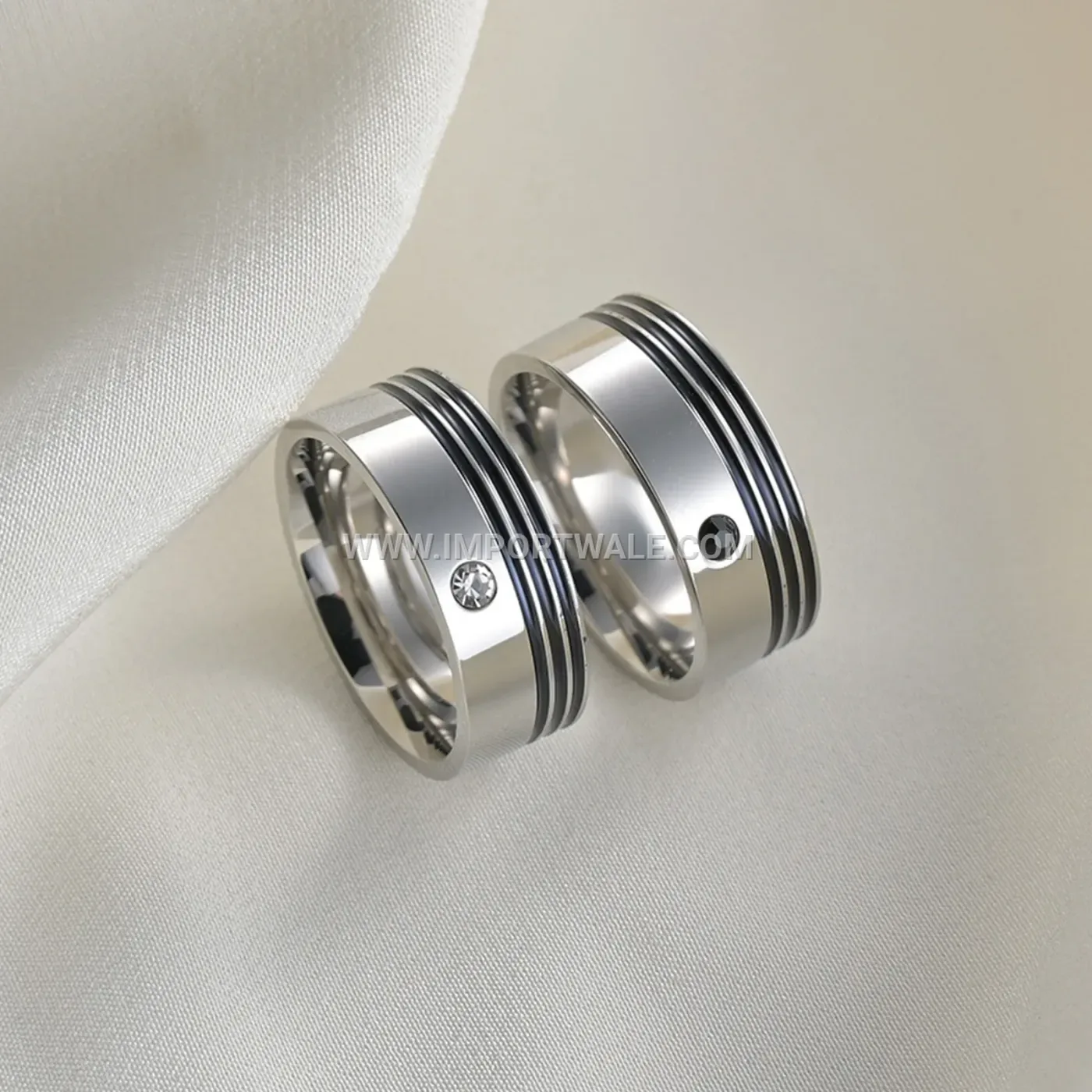 Grooved Stainless Steel Band Ring Inlaid with Cubic Zirconia